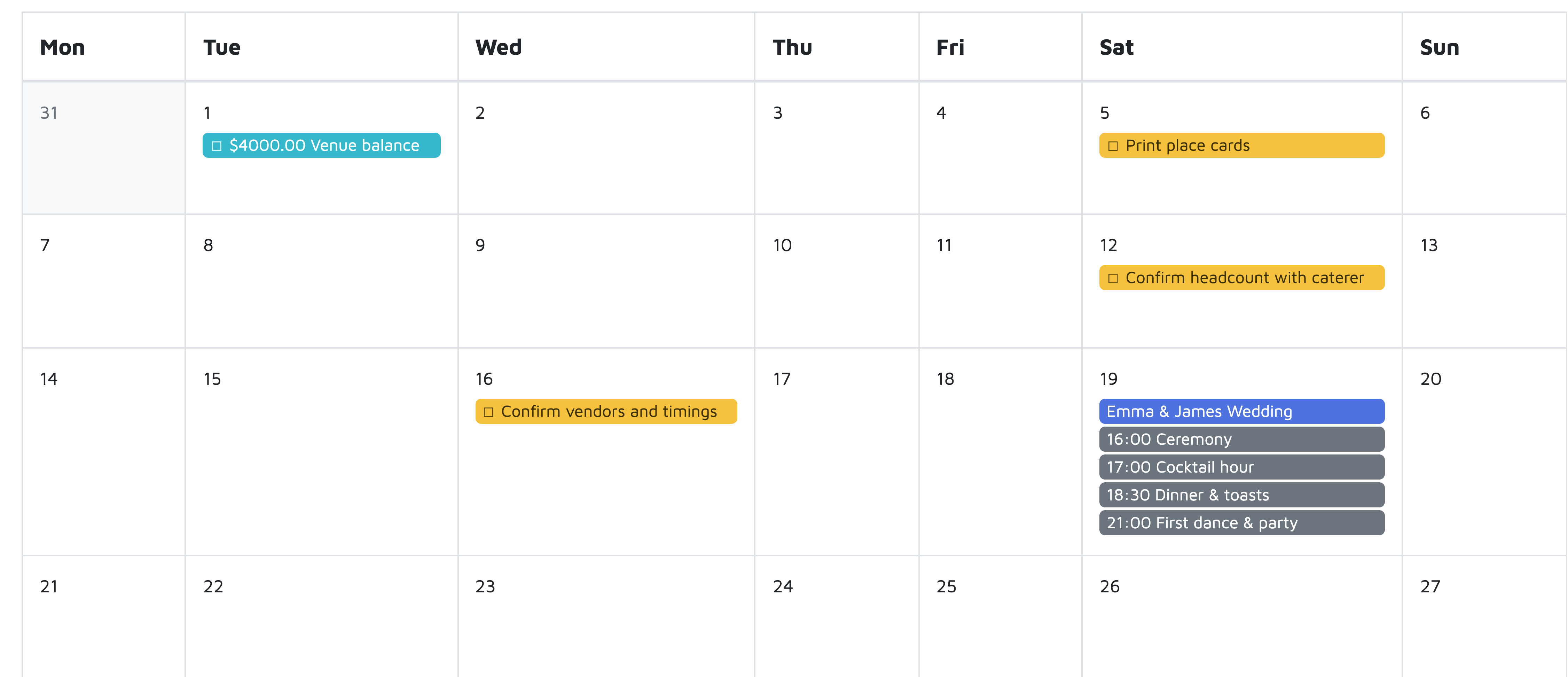 Wedding planning calendar with to-dos, payments and programme