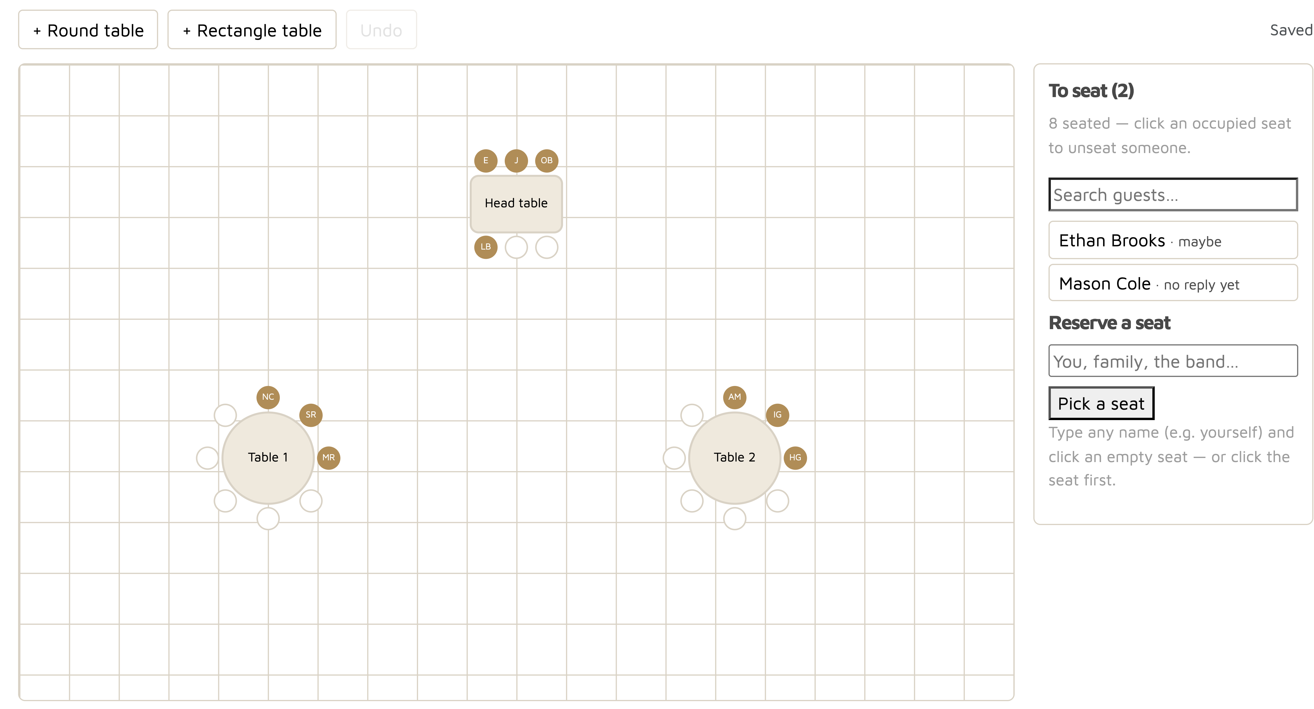 Online wedding seating chart editor with drag-and-drop tables